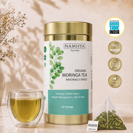 Namhya Organic Moringa Tea, moringa herbal tea, naturally dried moringa leaves, caffeine free tea, antioxidant tea, immunity support, weight management, 20 tea bags, vegan tea
