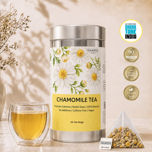 Namhya Chamomile Tea, chamomile herbal tea, caffeine free tea, natural chamomile tea, calming tea, restful sleep, stress relief, 20 tea bags, vegan tea