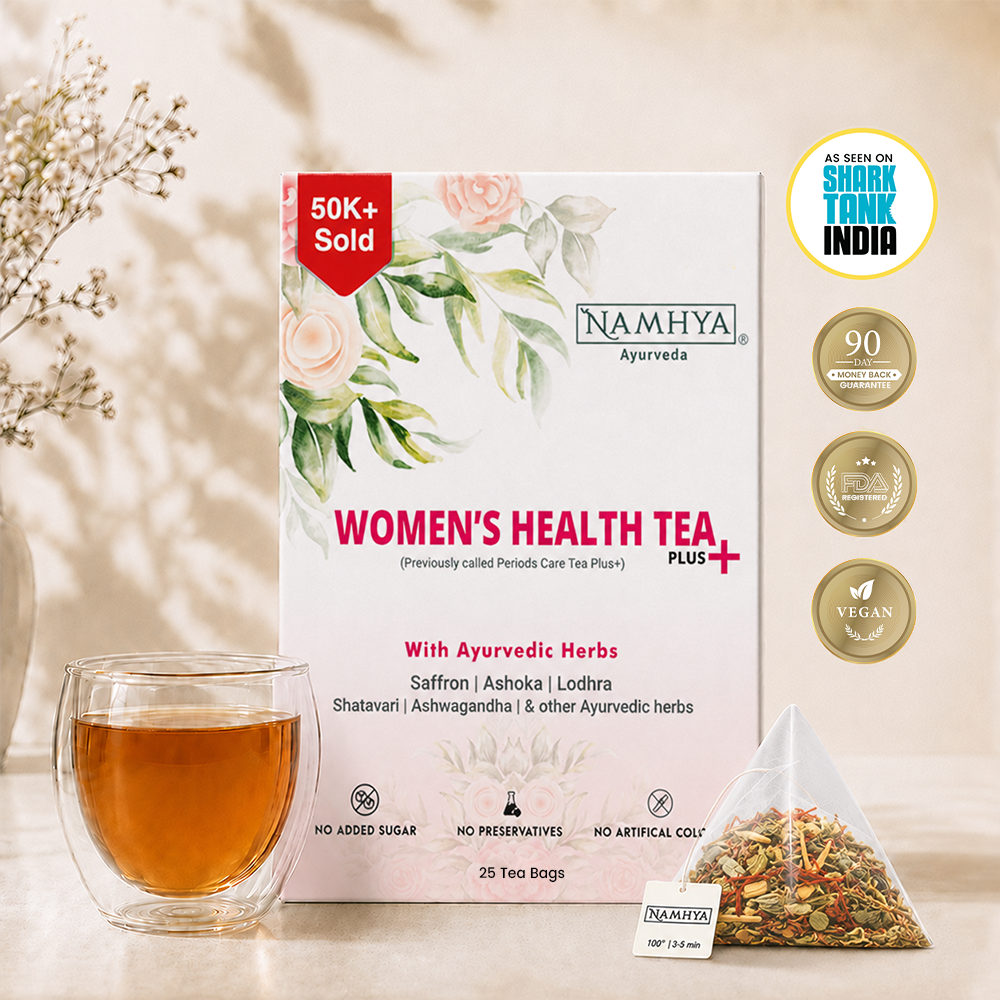 Namhya Women's Health Tea Plus, Ayurvedic women's health tea, Shatavari, Ashoka, Lodhra, Ashwagandha, Saffron, herbal tea, women's wellness, 100g